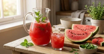 Jarra e copo de suco natural de melancia com hortelã e gelo sobre mesa de madeira, com fatias de melancia ao lado.