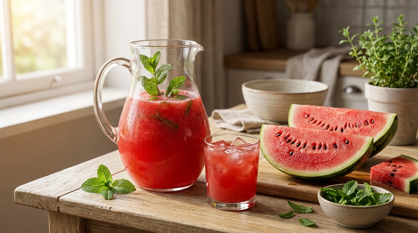 Jarra e copo de suco natural de melancia com hortelã e gelo sobre mesa de madeira, com fatias de melancia ao lado.